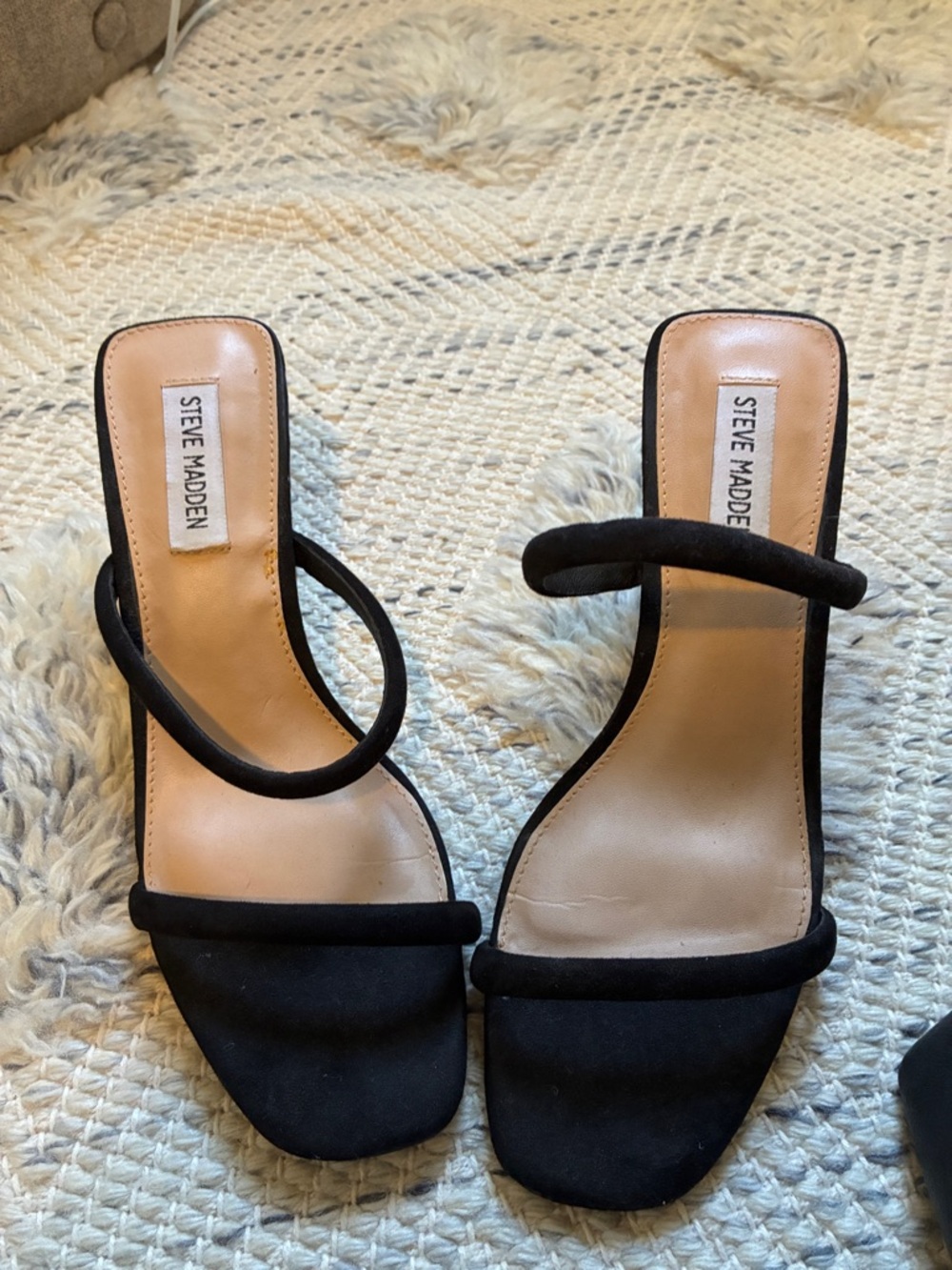 Steve Madden Black Double-Strap Square-Toe Heeled Mules